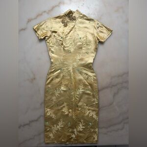 Y2K Gold Satin Embroidered Cheongsam Chinoiserie Dress